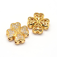 Clover Brass Micro Pave Cubic Zirconia Beads, Clear, Real 18K Gold Plated, 14x14x5mm, Hole: 1mm(X-ZIRC-E010-10G)