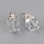 Glass Pendants, with Brass Rhinestone Beads & Iron Finding, Square, Platinum, 18.5x10x10mm, Hole: 5.5x4mm(GLAA-WH0022-75P)