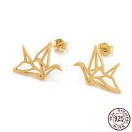 925 Sterling Silver Stud Earrings, with Ear Nuts, Paper Crane, Golden, 11.5mm, Pin: 0.6mm(EJEW-H110-01G)