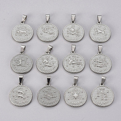 304 Stainless Steel Pendant Sets, Flat Round with Twelve Constellation/Zodiac Sign, Stainless Steel Color, 29x25x3.2mm, Hole: 9x4.5mm, 12pcs/set(STAS-H372-01P)