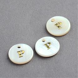 Freshwater Shell Pendants, Flat Round with Gold Blocking Letter.P, 11.5x2mm, Hole: 1.5mm(SSHEL-S249-P)