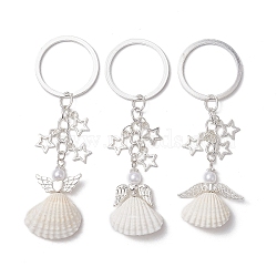 3Pcs 3 Styles Natural Shell Keychains, with Iron Split Key Rings, Angel, Silver, 8.7~9cm, 1pc/style(KEYC-JKC00973)