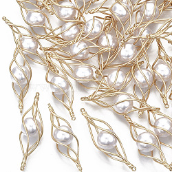 ABS Plastic Imitation Pearl Links Connectors, with Brass Wire Wrapped, Twist, Light Gold, Creamy White, 40x11x11mm, Hole: 1mm(X-KK-N235-001)