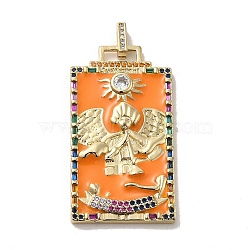 Brass Micro Pave Cubic Zirconia Pendants with Enamel, Tarot, Dark Orange, 39x22.5x3mm, Hole: 5x3mm(KK-H458-03G-05)