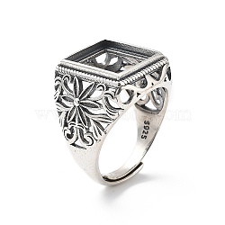 Flower 925 Sterling Silver Adjustable Ring Components, Pad Ring Settings, Rectangle, Antique Silver, Tray: 14.5x12.5mm, 4mm, Inner Diameter: 20mm(STER-C011-11AS)