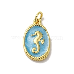 Brass Enamel Pendants, with Jump Ring, Lead Free & Cadmium Free, Long-Lasting Plated, Oval with Sea Horse Charm, Real 18K Gold Plated, Light Sky Blue, 17x11x2mm, Hole: 3.5mm(KK-H487-20G)