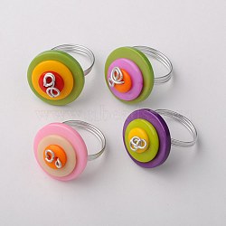 Acrylic Flat Round Button Rings, with Resin Button and Aluminum Wires, Silver Color Plated, Mixed Color, 16~17mm(RJEW-JR00068)