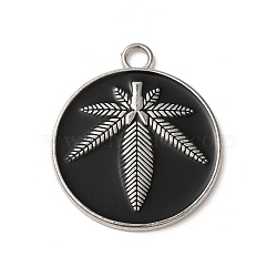 Alloy Enamel Pendants, Platinum, Flat Round with Pot Leaf/Hemp Leaf, Black, 42x36x2mm, Hole: 4.5mm(FIND-G067-08P)