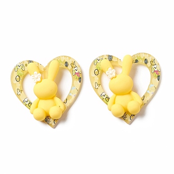 Printed Opaque Acrylic Pendants, with Resin Cabochons, Heart with Rabbit, Yellow, 37.5x37.5x9mm, Hole: 1.5mm
