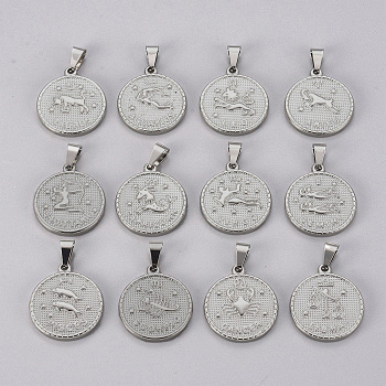 304 Stainless Steel Pendant Sets, Flat Round with Twelve Constellation/Zodiac Sign, Stainless Steel Color, 29x25x3.2mm, Hole: 9x4.5mm, 12pcs/set