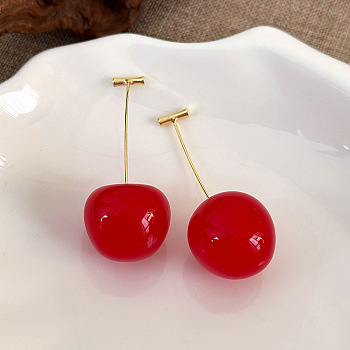 Cherry Zinc Alloy Resin Dangle Stud Earrings, Golden, Red, 16x15mm