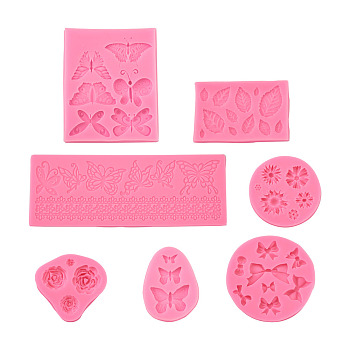 Food Grade DIY Silicone Molds, Fondant Molds, Baking Molds, Chocolate, Candy, Biscuits, UV Resin & Epoxy Resin Jewelry Making, Round with Flower & Butterfly, Deep Pink, 7pcs/set