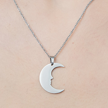 201 Stainless Steel Crescent Moon Pendant Necklace, Stainless Steel Color, 17.72 inch(45cm)