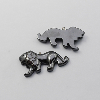 Non-magnetic Hematite Pendants, Grade A, with Iron Findings, Lion, Black, 25x49x7mm, Hole: 2mm