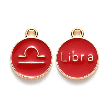Alloy Enamel Pendants, Cadmium Free & Lead Free, Flat Round with Constellation, Light Gold, Red, Libra, 22x18x2mm, Hole: 1.5mm