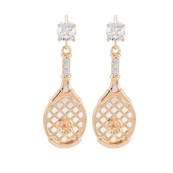 Brass Micro Pave Clear Cubic Zirconia Stud Earring Findings, for Half Drilled Beads, Nickel Free, Badminton Racket, Real 18K Gold Plated, 27.5x9.5mm, Pin: 0.6mm, pin: 0.6mm(for half drilled beads)