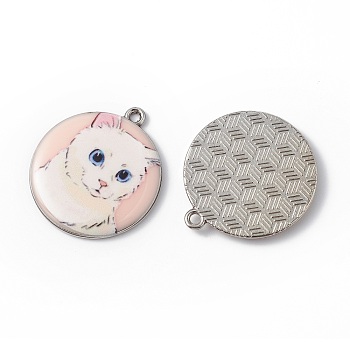 Printed Alloy Pendants, Platinum, Flat Round with Cat Charm, Misty Rose, 28x25x3mm, Hole: 1.8mm