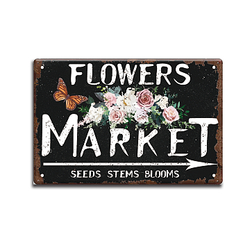 Vintage Metal Tin Sign, Iron Wall Decor for Bars, Restaurants, Cafes Pubs, Rectangle with Word Flower Market, Flower, 300x200x0.5mm