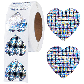 Round Dot Laser Style PVC Decorative Sticker Rolls, Waterproof Decals for Card-Making, Scrapbooking, Diary, Planner, Envelope & Notebooks, Colorful, Heart, 58.5x28mm, Sticker: 24.5x25mm