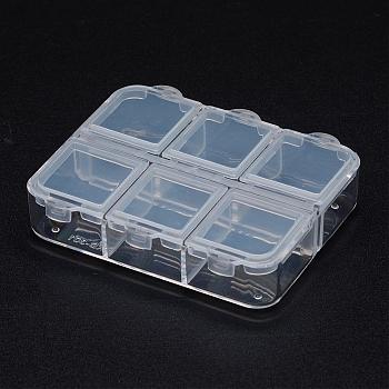 Polypropylene Plastic Bead Containers, Flip Top Bead Storage, 6 Compartments, Rectangle, Clear, 65x55x16mm