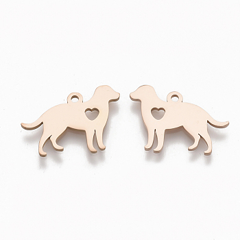 201 Stainless Steel Puppy Charms, Dog with Heart, Rose Gold, 13x18x1mm, Hole: 1.4mm