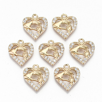 Brass Micro Pave Cubic Zirconia Pendants, Light Gold, Long-Lasting Plated, Cadmium Free & Lead Free, Heart with Hand in Hand, Clear, 18x16x3mm, Hole: 1.8mm