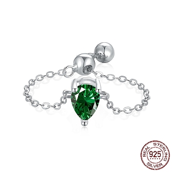 Rhodium Plated 925 Sterling Silver Rolo Chain Rings, Birthstone Ring, Real Platinum Plated, with Cubic Zirconia Teardrop for Women, Adjustable Slider Ring, Green, 1.2mm, US Size 7(17.3mm)