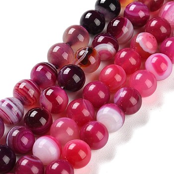 Natural Striped Agate/Banded Agate Beads Strands, Dyed, Round, Magenta, 10mm, Hole: 1.2mm, about 19pcs/strand, 7.60''(19.3cm)