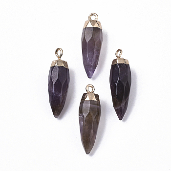 Top Golden Plated Natural Amethyst Pointed Pendants, with Iron Loops, Faceted, Bullet, 25~26x7~8mm, Hole: 1.8mm