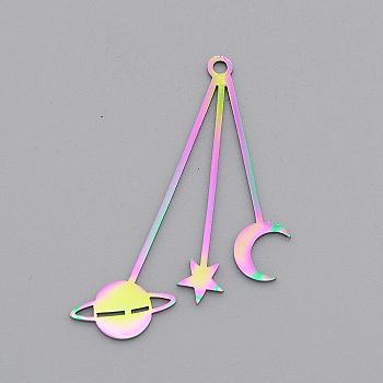 Ion Plating(IP) 201 Stainless Steel Pendants, Laser Cut, Moon, Star & Planet, Rainbow Color, 42x31x1mm, Hole: 1.8mm