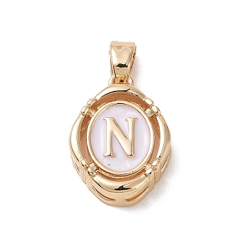 304 Stainless Steel Enamel Pendants, Oval with Letter, Golden, White, Letter.N, 15.5x11.5x4mm, Hole: 4.5x2.5mm
