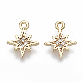 Brass Micro Pave Cubic Zirconia Charms, Nickel Free, Eight Pointed Star, Clear, Real 18K Gold Plated, 11x9x1mm, Hole: 1mm