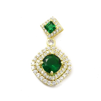 Brass Micro Pave Clear Cubic Zirconia Pendants, with Glass, Rhombus, Real 18K Gold Plated, Dark Green, 30.5mm, Hole: 6x1.5mm
