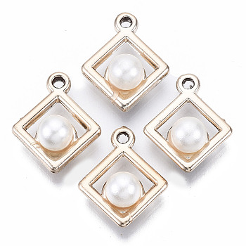 ABS Plastic Imitation Pearl Pendants, with UV Plating Acrylic Findings, Rhombus, Light Gold, 17.5x14.5x7.5mm, Hole: 2mm