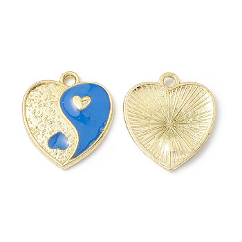 Alloy Enamel Pendants, Heart with Yin Yang Charm, Golden, Dodger Blue, 17x15x1.6mm, Hole: 1.8mm