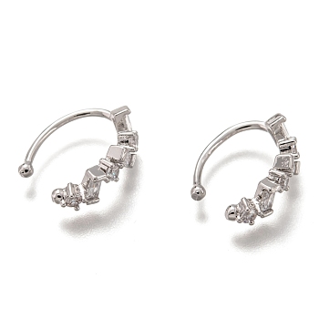 Brass Cuff Earrings, with Clear Cubic Zirconia Long-Lasting Plated, Rectangle, Platinum, 15x4.5x2.5mm