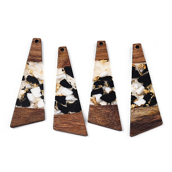 Transparent Resin & Walnut Wood Big Pendants, with Gold Foil, Trapezoid Charms, Black, 57.5x19.5x3mm, Hole: 2mm
