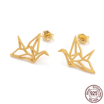 925 Sterling Silver Stud Earrings, with Ear Nuts, Paper Crane, Golden, 11.5mm, Pin: 0.6mm
