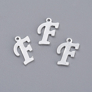 201 Stainless Steel Pendants, Letter, Silver Color Plated, Letter.F, 14x9x1mm, Hole: 1mm(STAS-O098-03S-F)