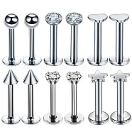 6 Styles Stainless Steel Clear Cubic Zirconia Threadless Labrets, 17 Gauge Piercing Studs Jewelry for Women Men, Mixed Shapes, Stainless Steel Color, 8mm, Pin: 1.2mm, Head: 3~4mm(WG43458-01)