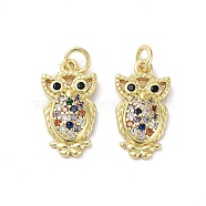 Rack Plating Owl Brass Micro Pave Cubic Zirconia Pendants, Cadmium Free & Lead Free, Long-Lasting Plated, Real 18K Gold Plated, with Jump Ring, Colorful, 17x9x3mm, Hole: 3mm(KK-E102-20G)