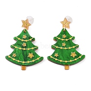 Glitter Star Christmas Tree Acrylic Dangle Stud Earrings, Alloy Jewelry for Women, Green, 57x40.5mm(EJEW-L203-12B)