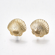 Brass Stud Earring Findings, with Loop, Shell, Nickel Free, Real 18K Gold Plated, 11x11.5mm, Hole: 1.2mm, Pin: 0.7mm(KK-S350-029G)