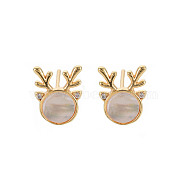 Natural Freshwater Shell Stud Earring Findings, with Brass Findings, with Loop, Nickel Free, Deer, Real 18K Gold Plated, 11x8.5mm, Hole: 1.6mm, Pin: 0.6mm(KK-S356-663-NF)