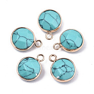 Synthetic Turquoise Pendants, Light Gold Tone Brass Edge, Faceted, Dyed, Flat Round, 18x13.5x6mm, Hole: 2mm(G-T131-101E)