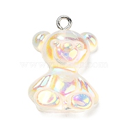 Transparent Resin Pendants, Iridescent Bear Charms with Platinum Plated Iron Loops, Floral White, 24.5~25.5x17~18x8~8.5mm, Hole: 1.8mm(RESI-M033-01F)