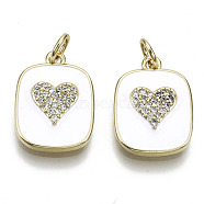 Brass Micro Pave Clear Cubic Zirconia Pendants, with Enamel and Jump Ring, Rectangle with Heart, Real 16K Gold Plated, Nickel Free, White, 17.5x13x3mm, Jump Ring: 5x1mm, 3mm inner diameter(KK-N227-37B-NF)