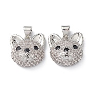 Brass Micro Pave Cubic Zirconia Pendants, Real Platinum Plated, Dog Charms, Clear, 17x16.5x6.5mm, Hole: 5x3mm(KK-M240-03G)