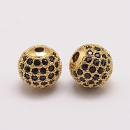 Brass Micro Pave Cubic Zirconia Beads, Round, Golden, 10x9.5mm, Hole: 2mm(X-ZIRC-E110-06G)