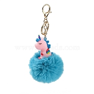 Cute Unicorn PVC & Imitate Rex Rabbit Fur Ball Keychain, with Alloy Clasp, for Bag Car Key Decoration, Dark Turquoise, 16.8~16.9cm(KEYC-C005-03B)
